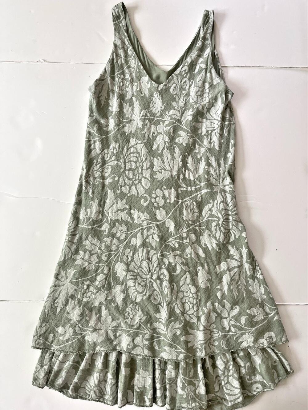 Italian Floral Dress Womens S Green Cotton Blend Ruffle Hem Sundress Boho